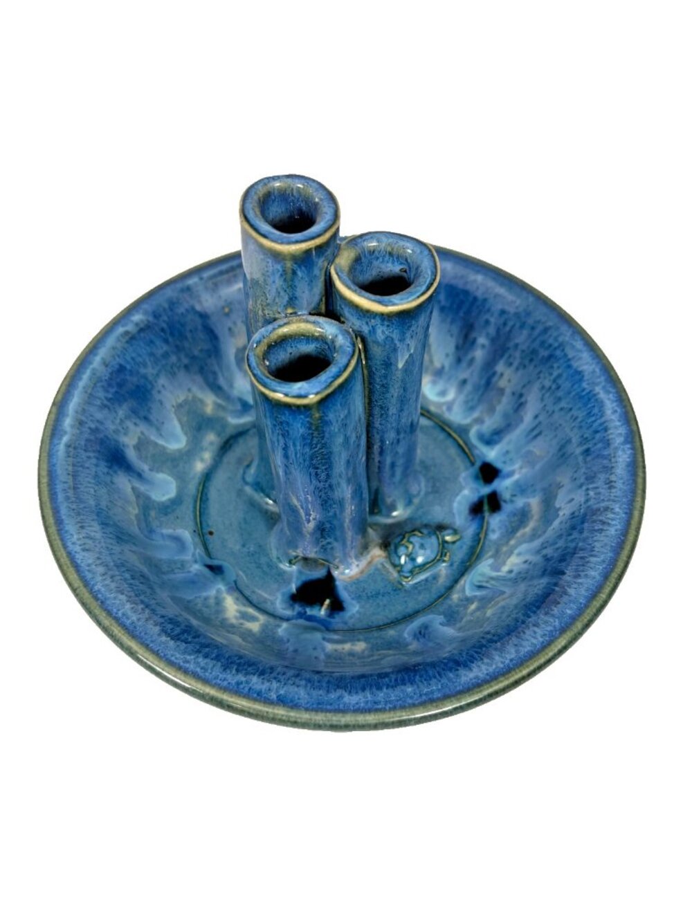 Vintage Handmade Studio Pottery Ikebana Flower Frog Vase – Blue Drip Glaze